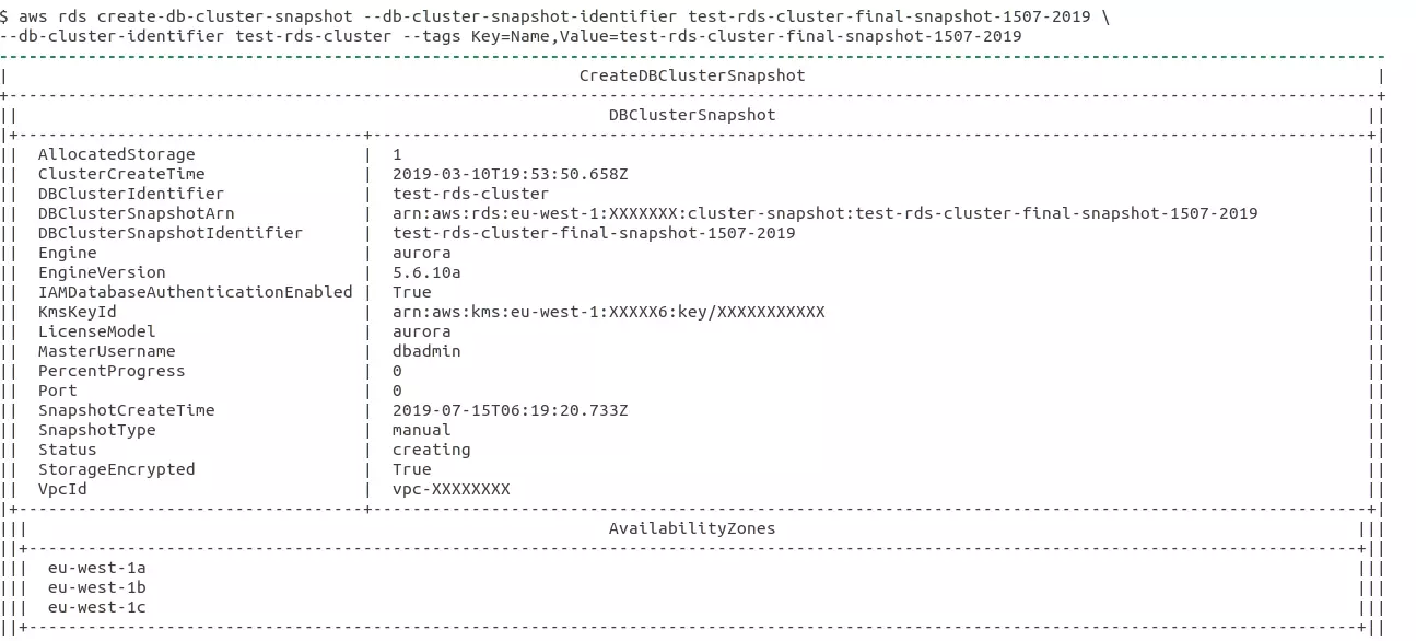 AWS Cli - RDS Cluster Snapshot